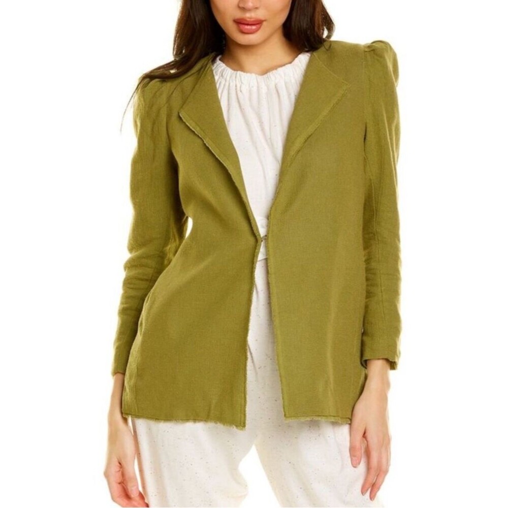Something Navy Paula Puff Shoulder Linen Blend Olive Green Blazer